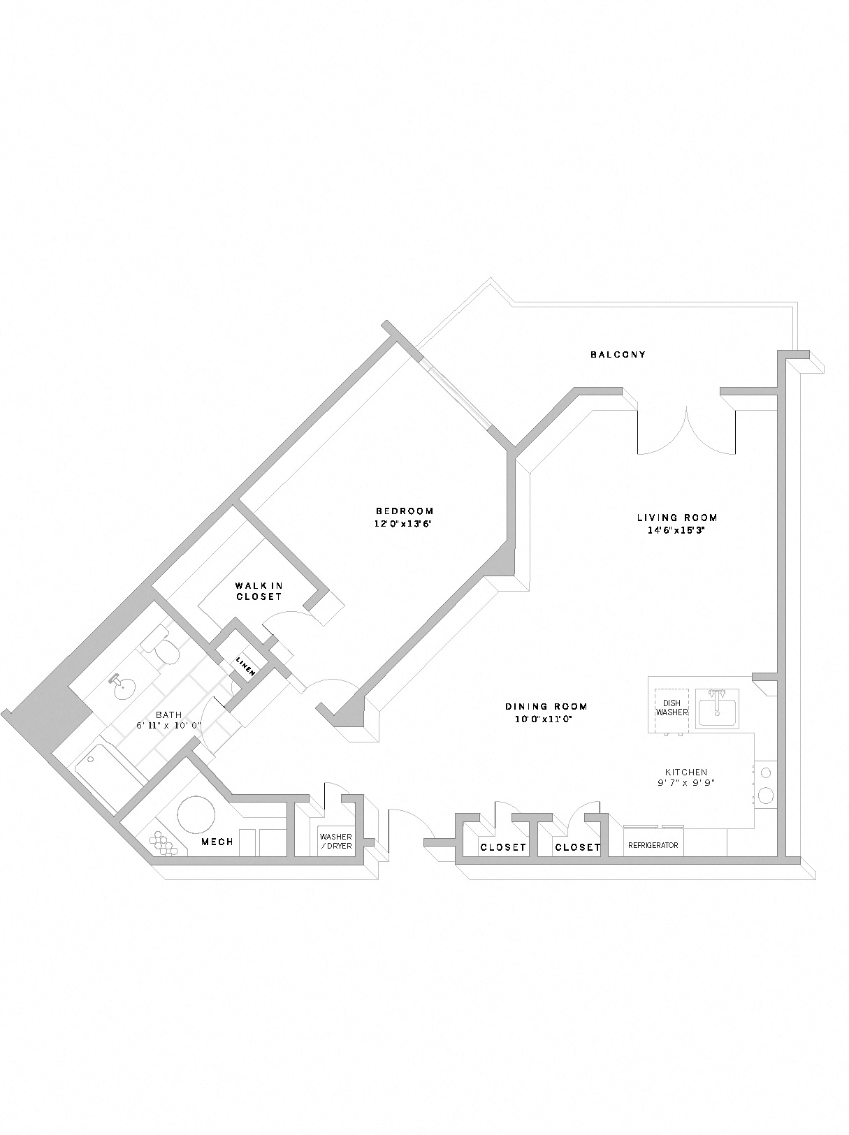 Floor plan for 1 bed, 1 bath, 914 sqft